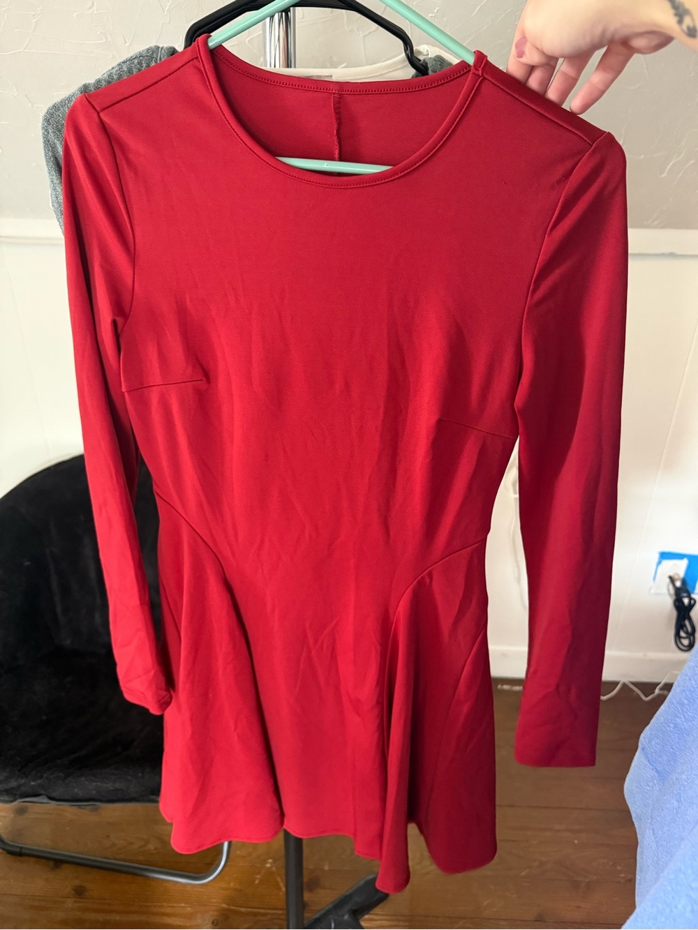 Red Long-Sleeve Fit & Flare Dress - SHEIN